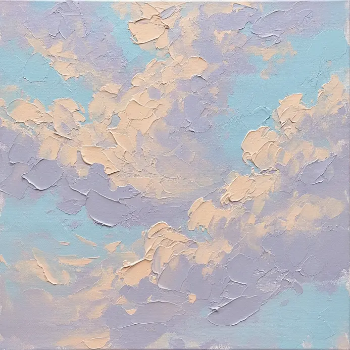 A serene sky painting with soft pastel clouds blended and formed using a palette knife.