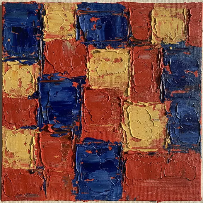An abstract painting composed of geometric shapes in contrasting colors applied with a palette knife.