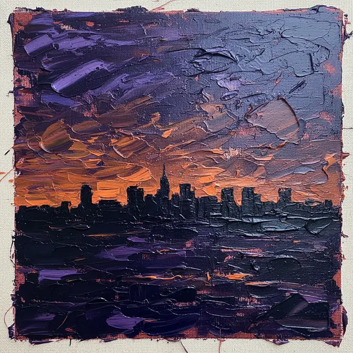 A distant city skyline painted as a dark silhouette against a colorful sunset sky using the knife edge.