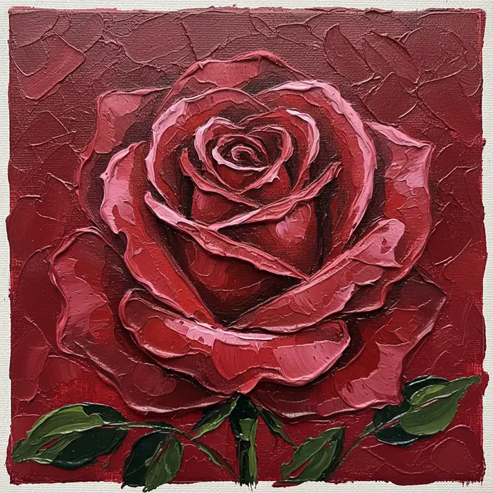 A focused study on the layered petals of a single red rose, built with thick acrylic strokes.