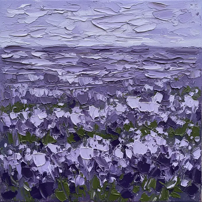 A meadow of wild lavender created with dabs and strokes of purple and green acrylic paint.