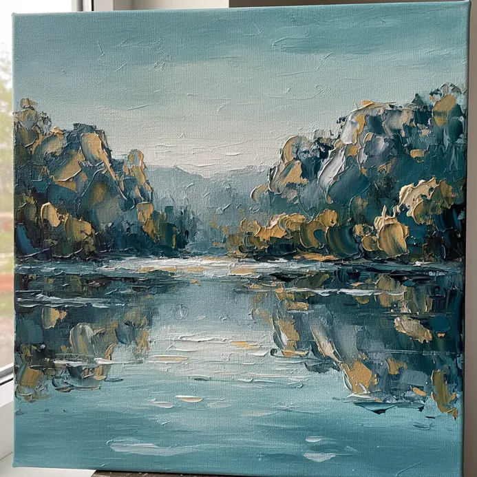 A tranquil lake scene with horizontal palette knife strokes creating the illusion of reflective water.