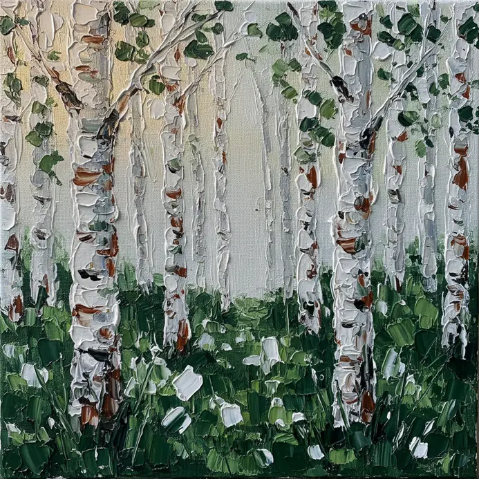A textured acrylic forest scene with white birch tree trunks created using the edge of a palette knife.
