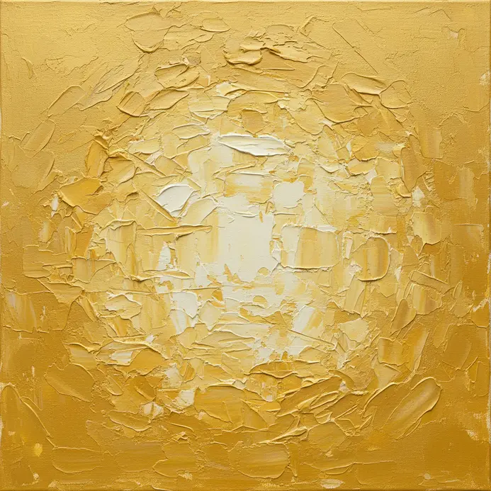 A minimalist abstract canvas featuring a textured golden sun and rays applied with thick palette knife strokes.