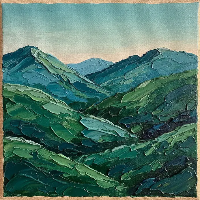 Rolling mountains painted with vibrant green acrylics using layered palette knife strokes for depth.