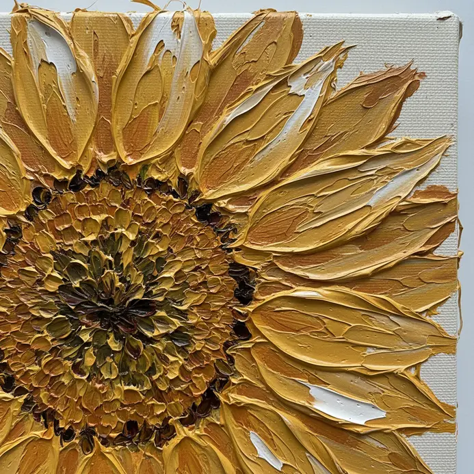 A close-up study of a sunflower with thick, layered yellow petals created using a palette knife.