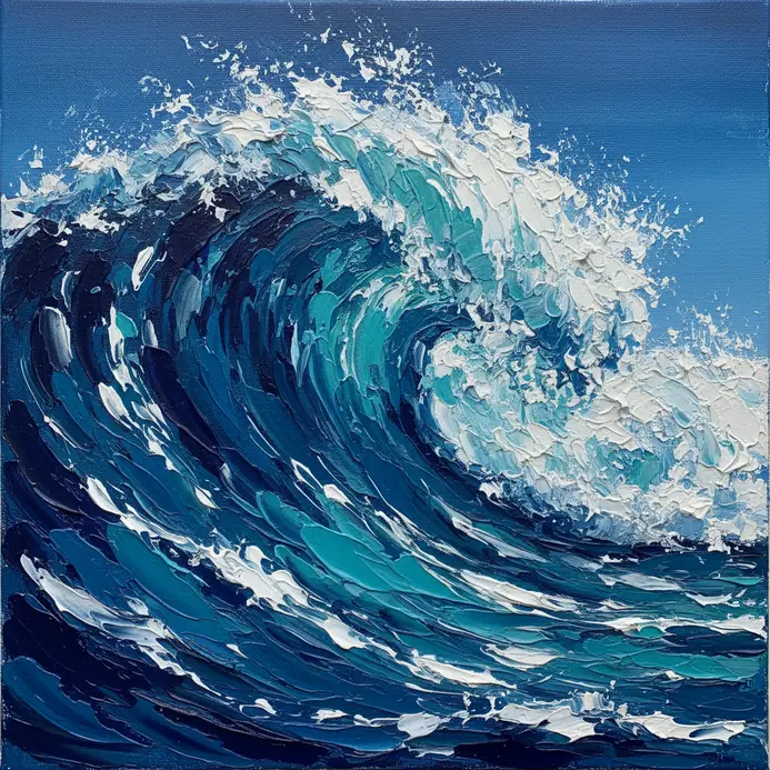 A dynamic seascape with a crashing wave, using white and blue acrylics scraped with a palette knife for foam.