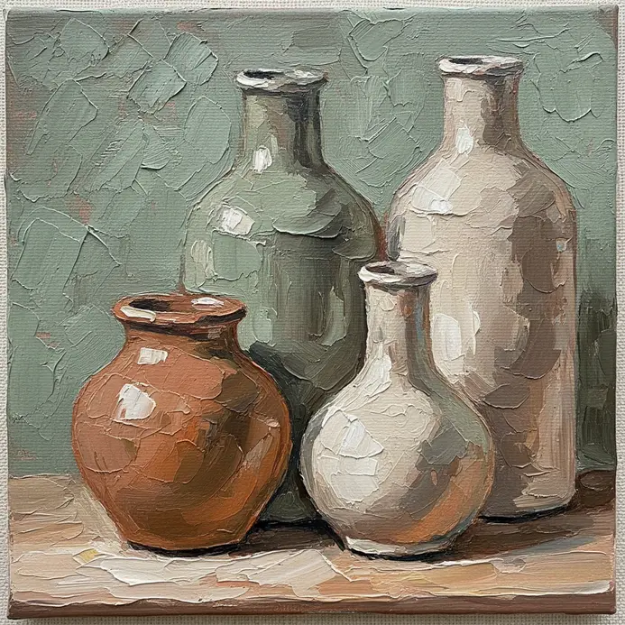 A simple still life of a ceramic vase and flowers painted with bold, textured palette knife strokes.
