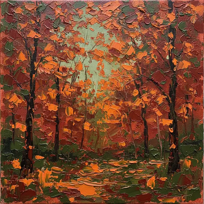 A forest scene focused on the textured foliage of autumn in red, orange, and yellow acrylics.