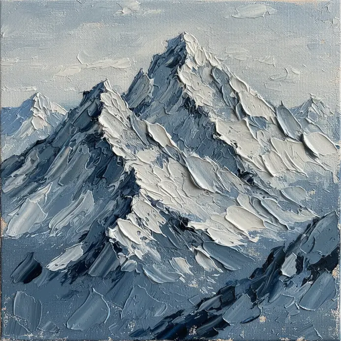 Snow-capped mountain peaks created with sharp, angular palette knife strokes against a blue sky.