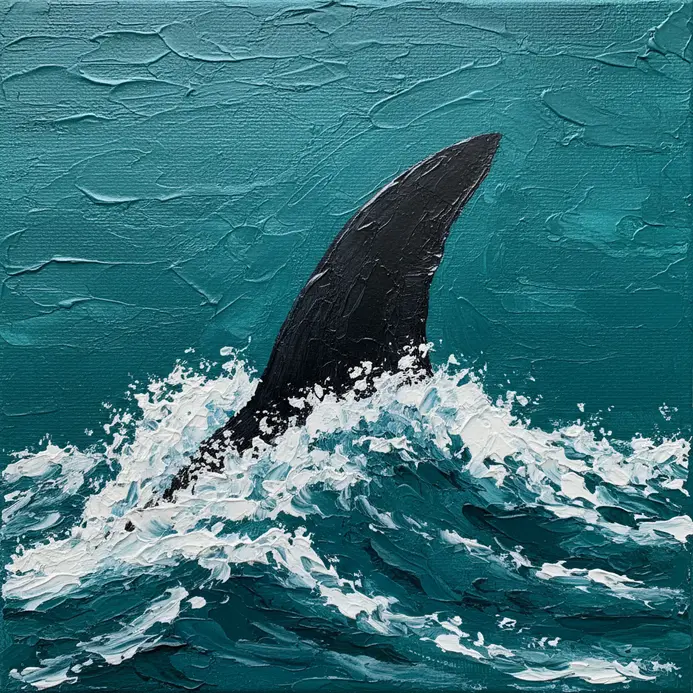 A large, powerful silhouette of a whale's tail rising from dark ocean waters.