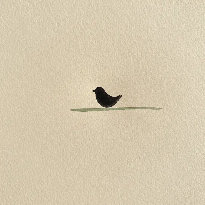 A minimalist black silhouette of a tiny bird sitting on a single, thin branch.
