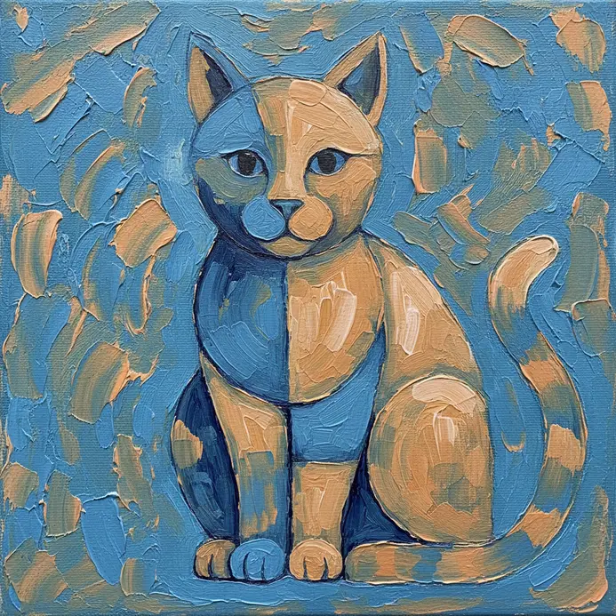 A stylized cat sitting, constructed from basic geometric shapes like circles and triangles.