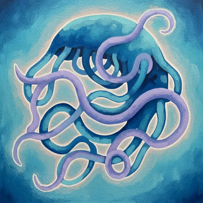 A stylized, wobbly blue jellyfish with long, curving tentacles in an underwater scene.