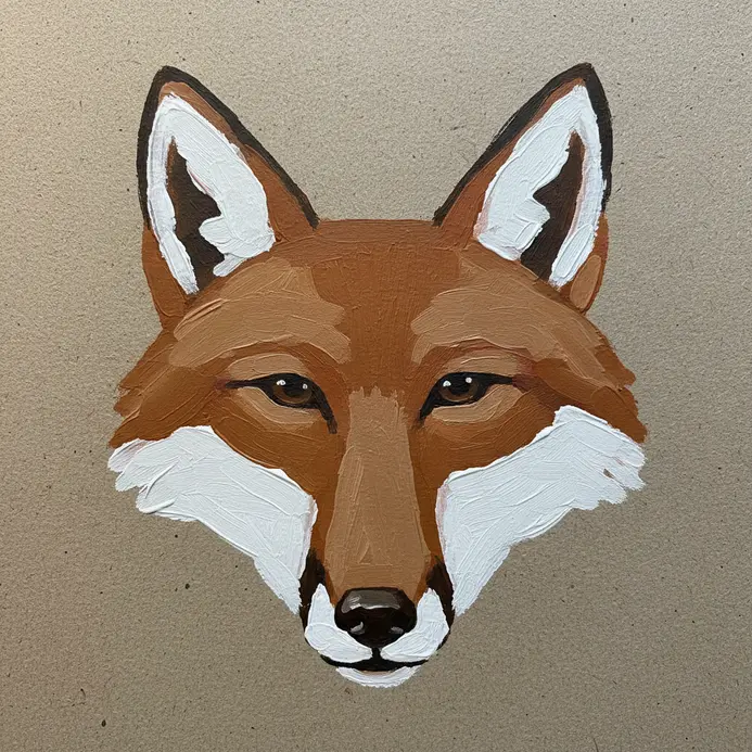 A friendly fox portrait built from a triangle for the snout and large, attentive ears.