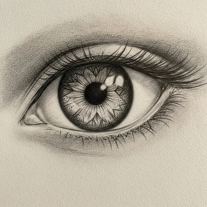 A fantasy anime eye with a detailed iris pattern and multiple shimmering highlights.