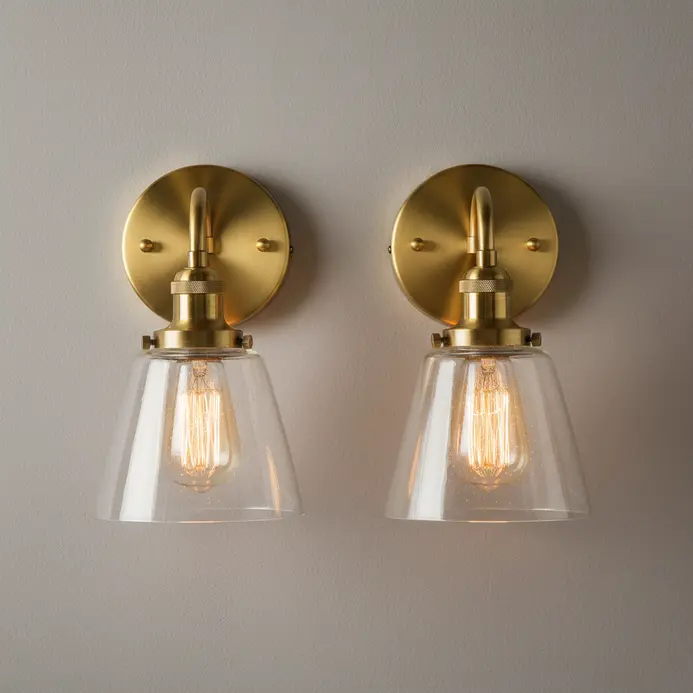Pair of modern brass sconces with glass shades providing warm, adjustable light on either side of a mirror.