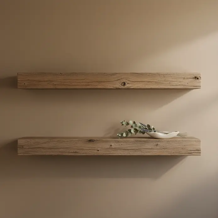 Two floating shelves crafted from reclaimed wood with visible grain, holding towels and a small plant.