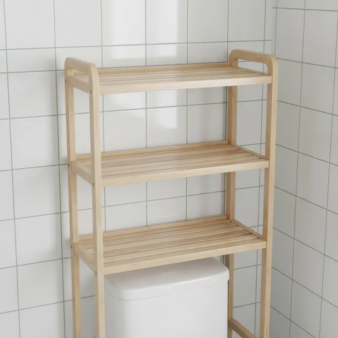 A light bamboo storage rack with multiple shelves positioned above a white toilet, holding extra toilet paper and baskets.
