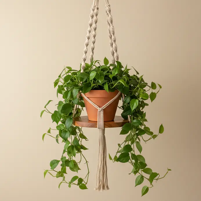 A handmade macrame plant hanger with a wooden shelf suspending a green pothos plant near a window.
