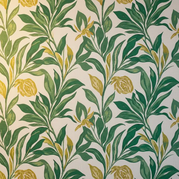 A bathroom wall featuring a bold botanical pattern in green and white from removable peel and stick wallpaper.
