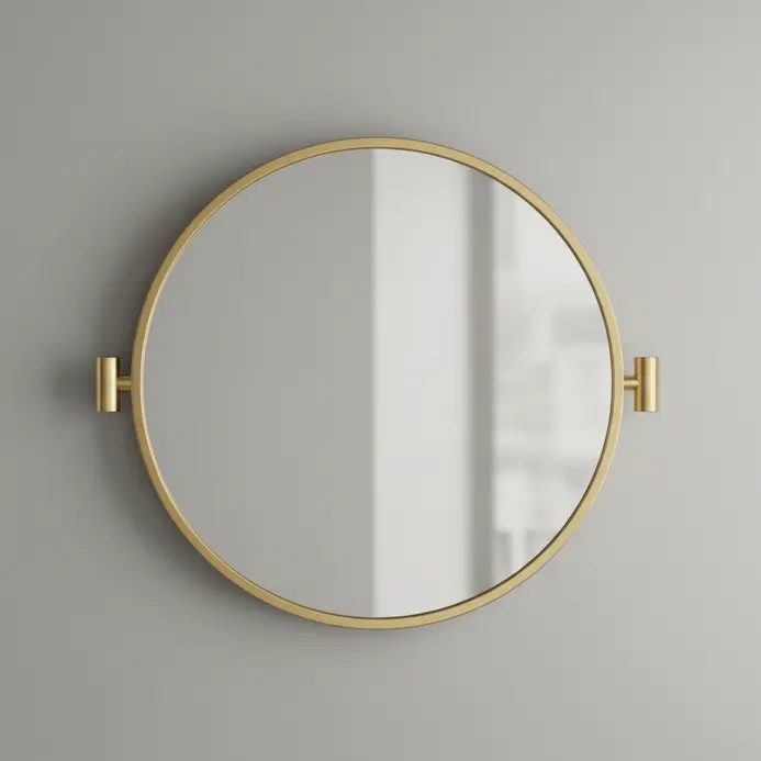 A substantial rectangular wall mirror with visible brass pivot hardware allowing it to angle slightly.