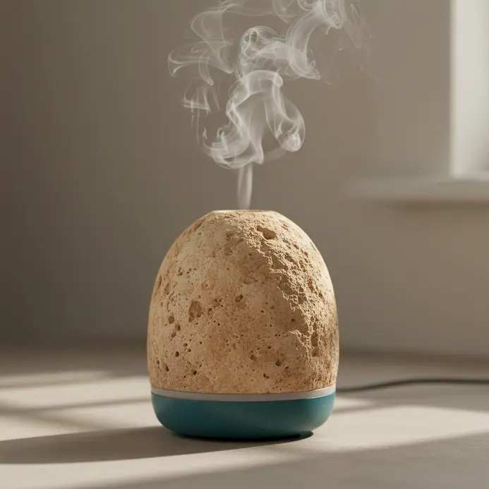 An essential oil diffuser made from natural white stone emitting a subtle mist on a bathroom counter.