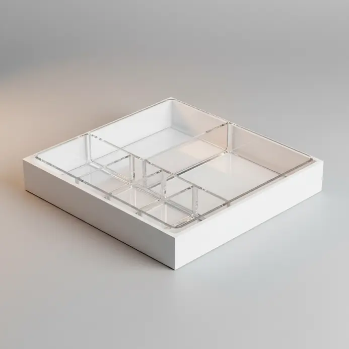 Modular clear acrylic trays fitted inside a vanity drawer to organize hair ties, cotton swabs, and bobby pins.