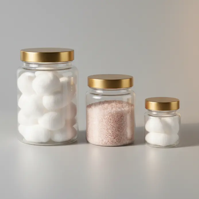 Three clear glass jars with metal lids arranged on a vanity, holding white cotton balls and pink bath salts.