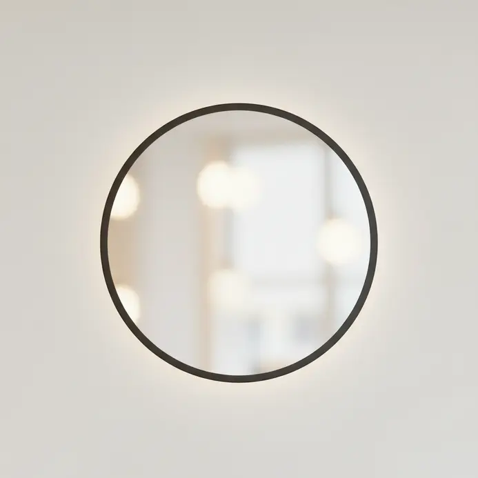 A circular wall mirror with a simple black metal frame hanging above a white bathroom vanity.