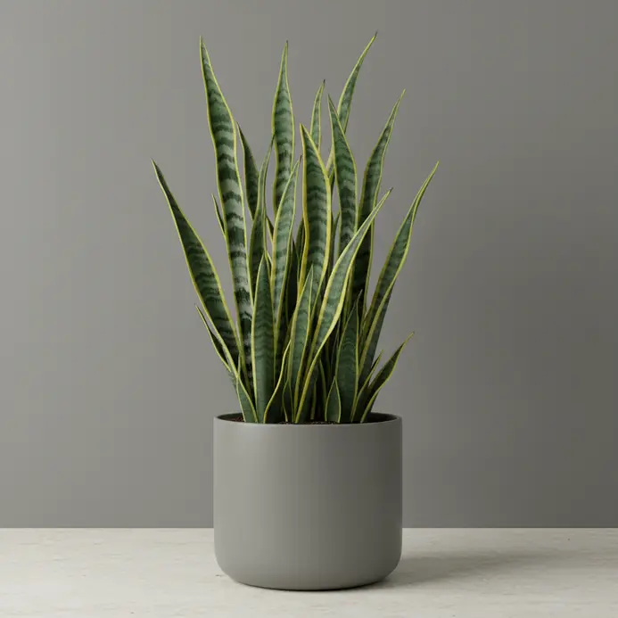 A healthy green snake plant with upright striped leaves in a grey ceramic pot placed in a bathroom corner.