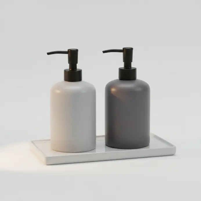 A matching set of smooth white ceramic bottles with black pumps for hand soap and lotion.