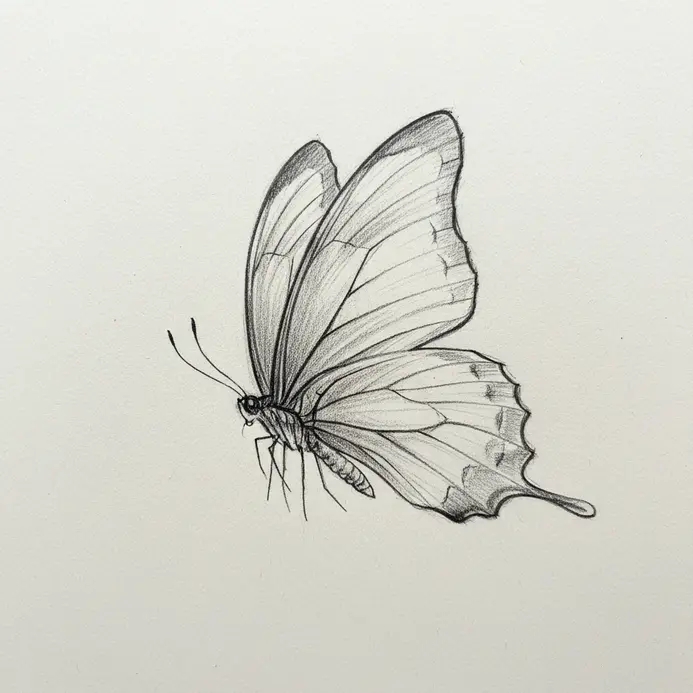 A dynamic butterfly sketch drawn from an angle, showing depth and a sense of movement.