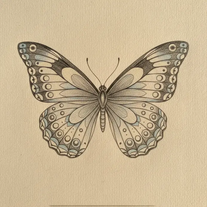 A perfectly symmetrical butterfly sketch with wings fully spread, viewed from directly above.