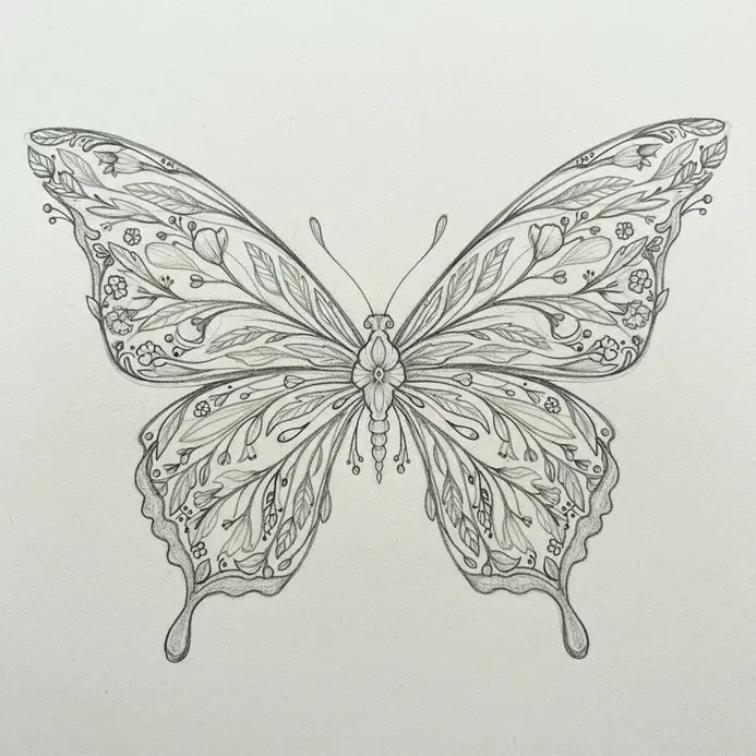 A detailed butterfly drawing where the wings are filled with intricate, symmetrical floral designs.