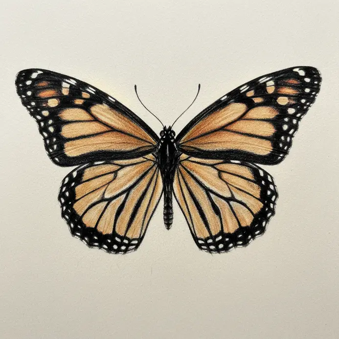 A butterfly drawing inspired by a monarch, featuring orange and black sections with white spots along the edges.
