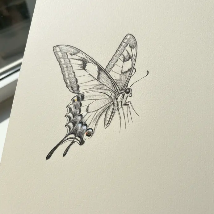 A butterfly drawing mimicking a swallowtail, with distinct, pointed extensions on the lower wings.