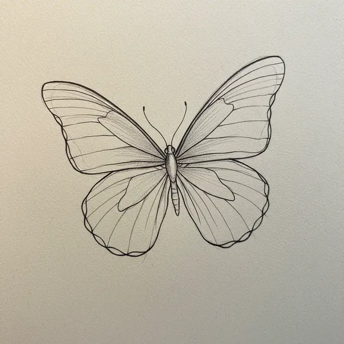 A minimalist butterfly sketch created with a few continuous, elegant lines forming the shape.
