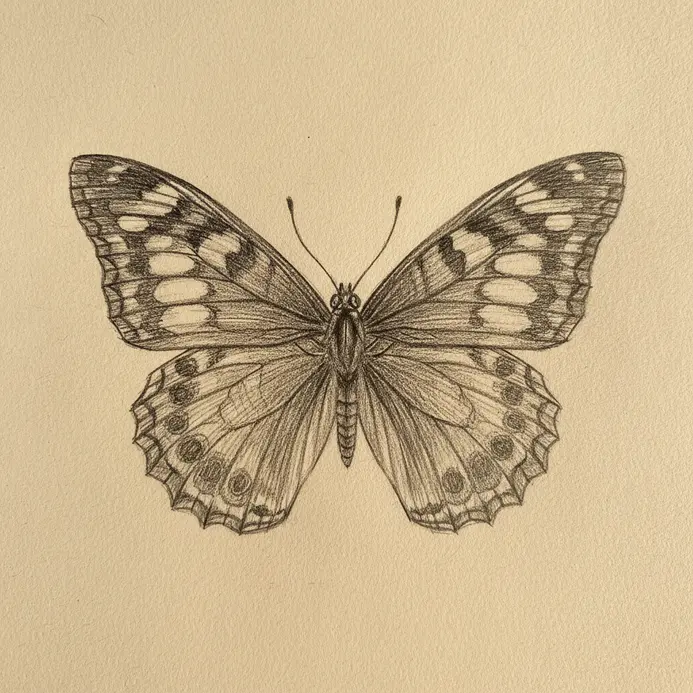 A textured butterfly sketch where shading is achieved with layers of fine, crossed pencil lines.