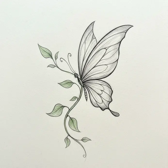 A butterfly drawing with intricate patterns of flowing vines and small leaves covering the wings.