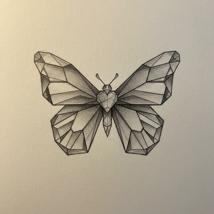 A geometric butterfly drawing where each wing is formed from a large, symmetrical heart shape.