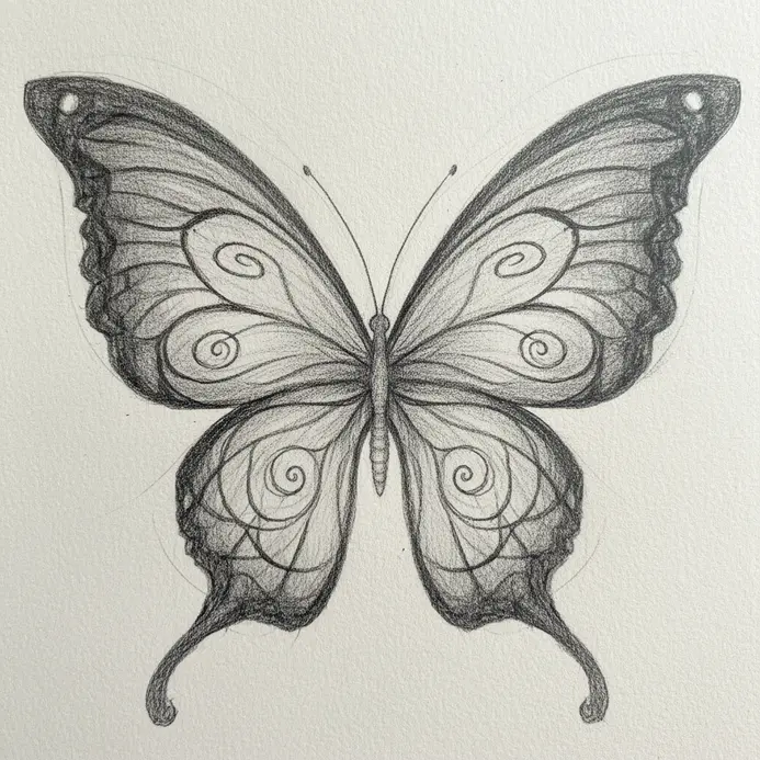 An abstract butterfly drawing with large, swirling spiral patterns centered on each wing.