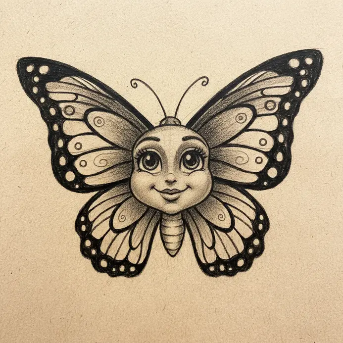 A cute, cartoon-style butterfly sketch with large, simple wings and a smiling face on the body.