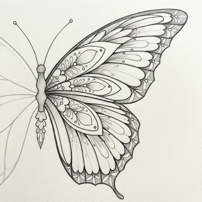 A detailed butterfly sketch where each wing is filled with a radial, mandala-like pattern emanating from the center.