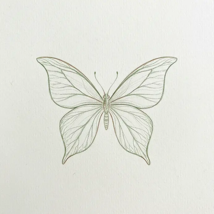 An organic butterfly drawing featuring wings that mimic the shape and veins of a leaf.