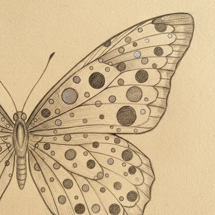 A cheerful butterfly sketch with a pattern of small, evenly spaced dots covering its wings.