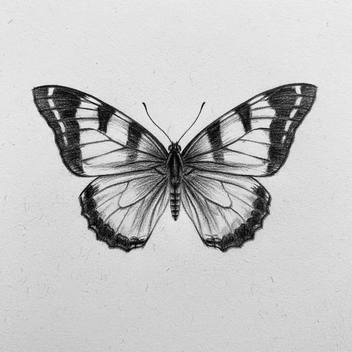 A bold butterfly drawing with wings filled with straight, symmetrical stripes from top to bottom.