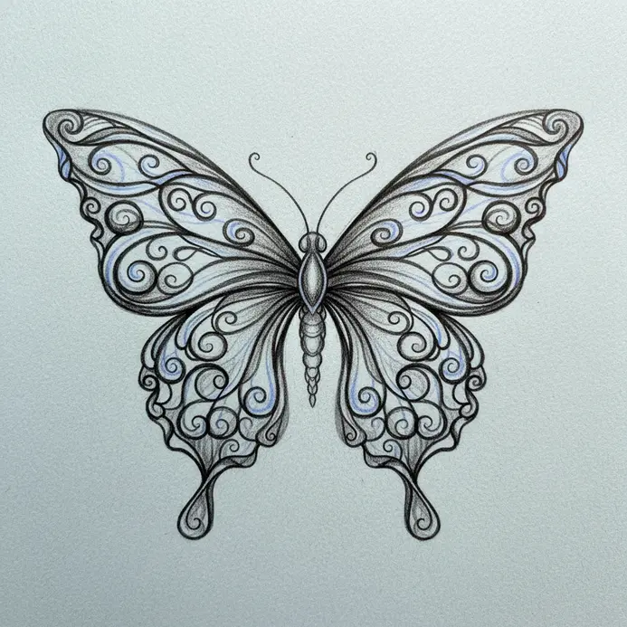 An intricate butterfly sketch decorated with delicate, swirling lines and curves across both wings.