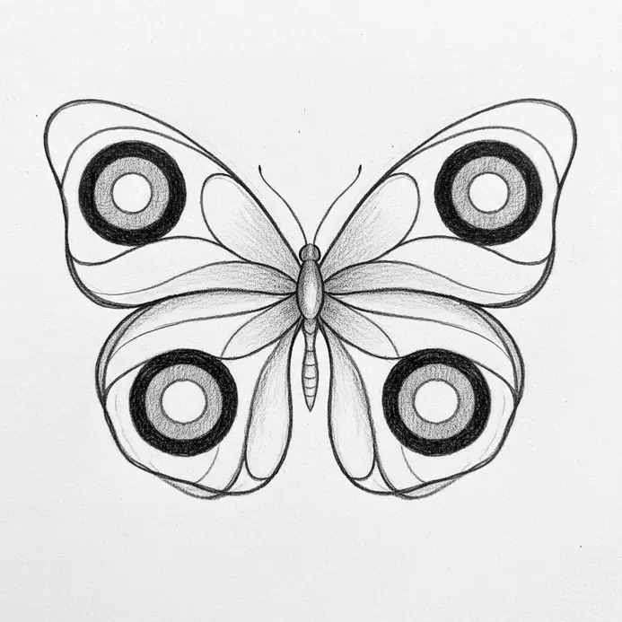 A classic butterfly drawing with prominent eyespots made from concentric circles on the lower wings.