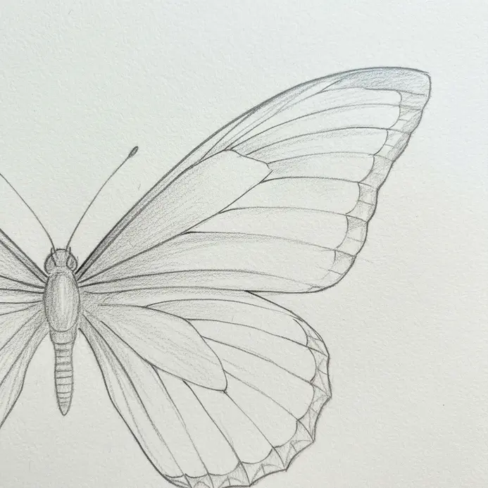 A delicate butterfly sketch where the outer edges of the wings are shaped with gentle scallops.